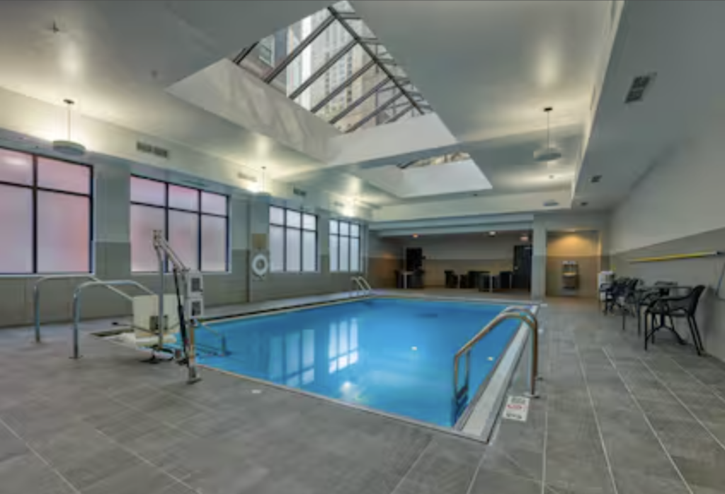 A large indoor pool makes it fun to come home to Chicago’s Hampton Inn family hotel after a busy summer’s day of sightseeing.  Photo c. Hampton Inn