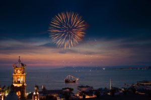 New Year's Eve fireworks over harbor of Puerto Vallarta