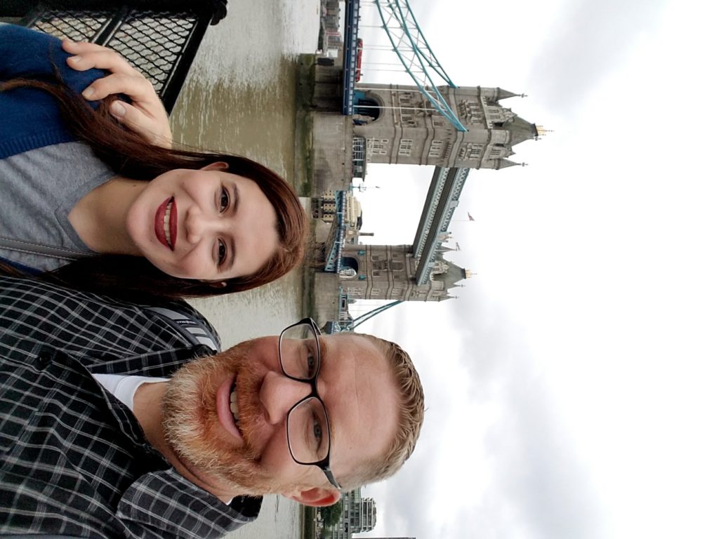Father - daughter selfie with the Tower Bridge in the background on a London vacation.
