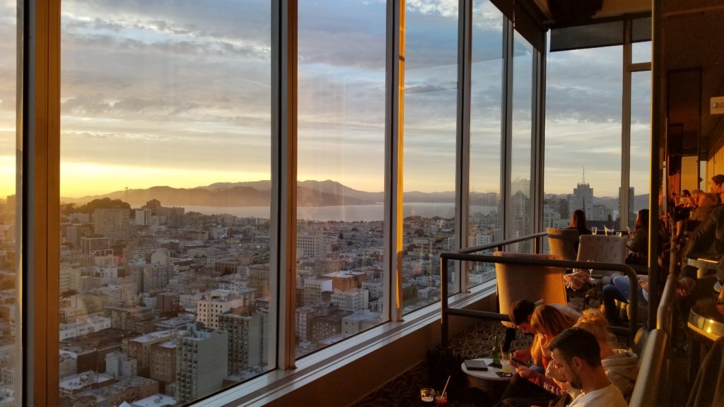 Guests at the Cityscape Lounge on the 46th floor of the Hilton San Francisco Union Square