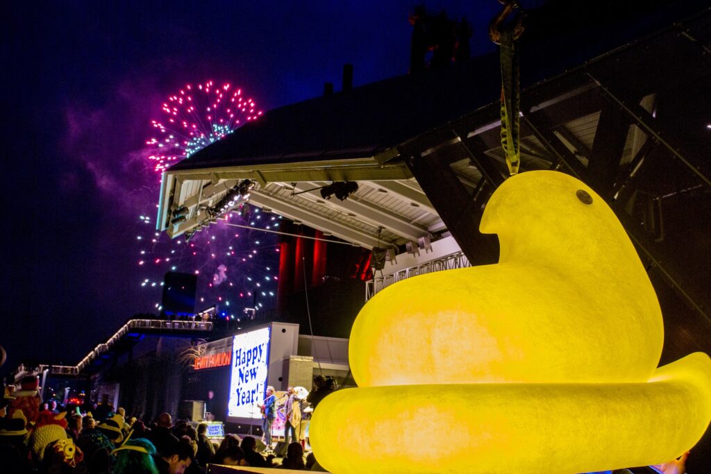 A 400-pound Peeps chick rings in the new year in Bethlehem, PA.
