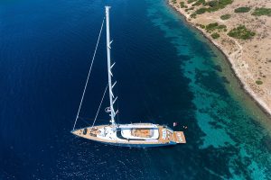 The gulet All About You anchored off the coast of Turkey