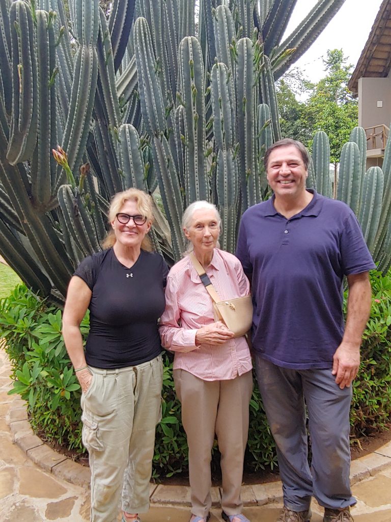 Author with her husband and famed conservationist Jane Goodall in Tanzania.