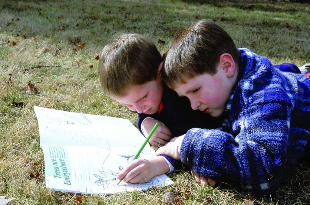 Two boys look at map while lying on a field of grass.