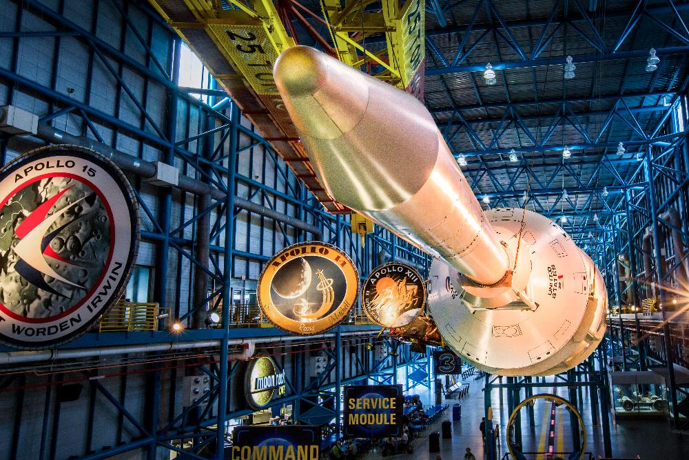 A Saturn V rocket dominates the Apollo/Saturn V Center Photo c. KSC