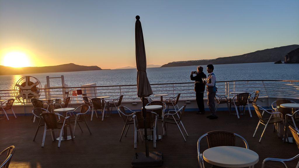 sunset on the deck of the Celestyal Crystal