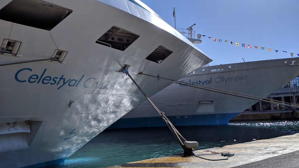 Two Celestyal ships, the Crystal and the Olympia, moor at the port of Piraeus.