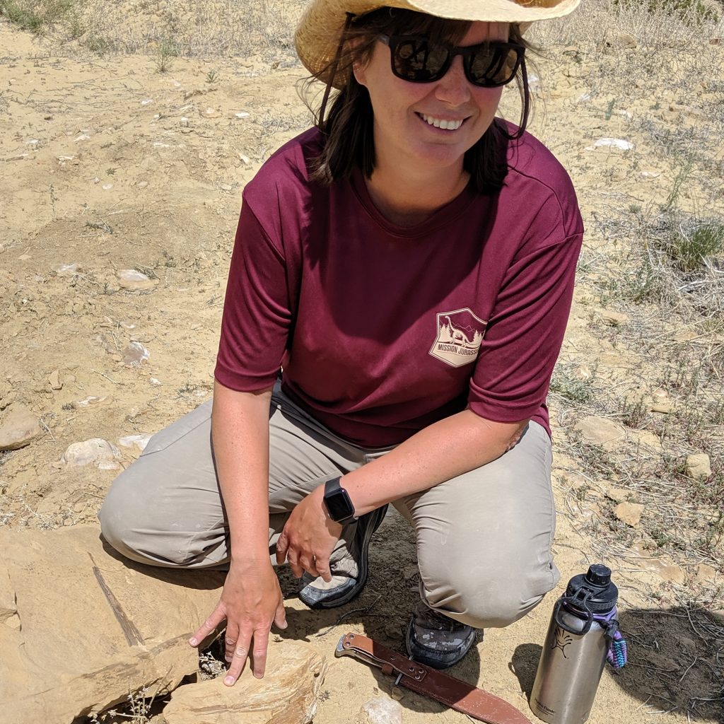Dr. Victoria Egerton points out a Jurassic period plant fossil.