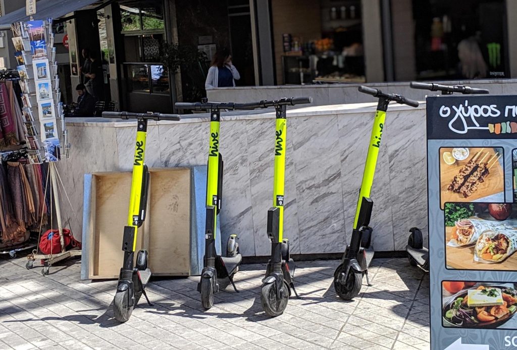 Lime scooters for rent in Athens, Greece.