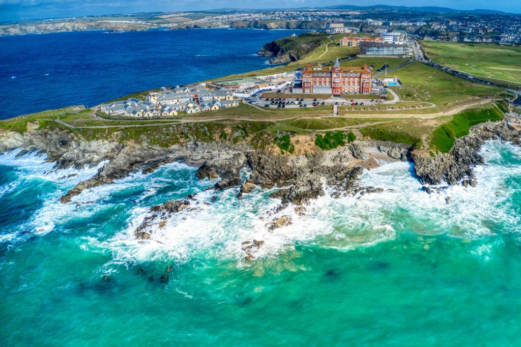 Headland Hotel overlooks Fistral Beach in Cornwall, U.K.