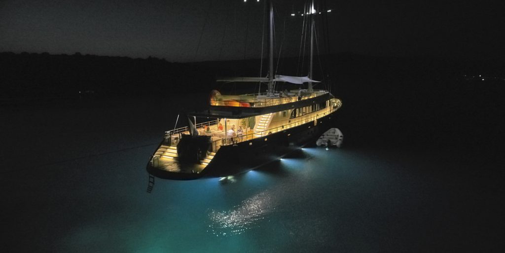 goolet yacht moored in the Adriatic Sea at night.