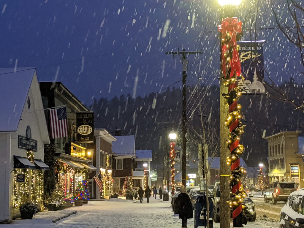 Stowe, Vermont has a scenic main street decorated for the holidays.