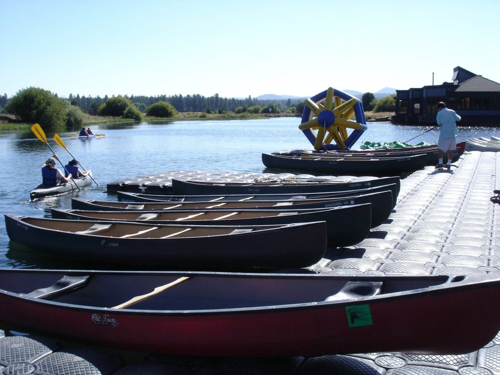 Canoes at the marina of Sunriver Resort