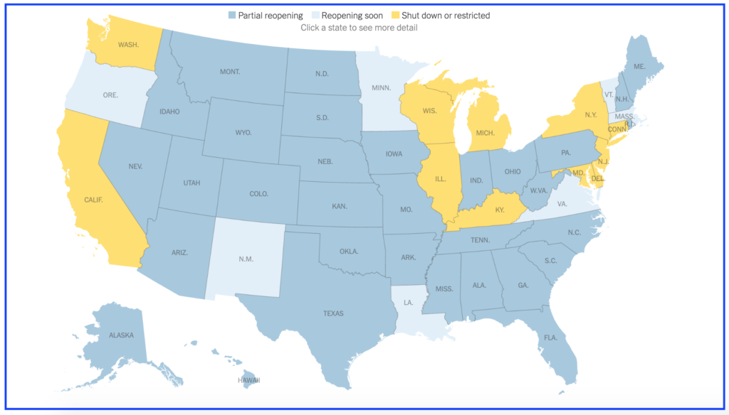 NY Times map of open and closed states in the USA as of May 12, 2020