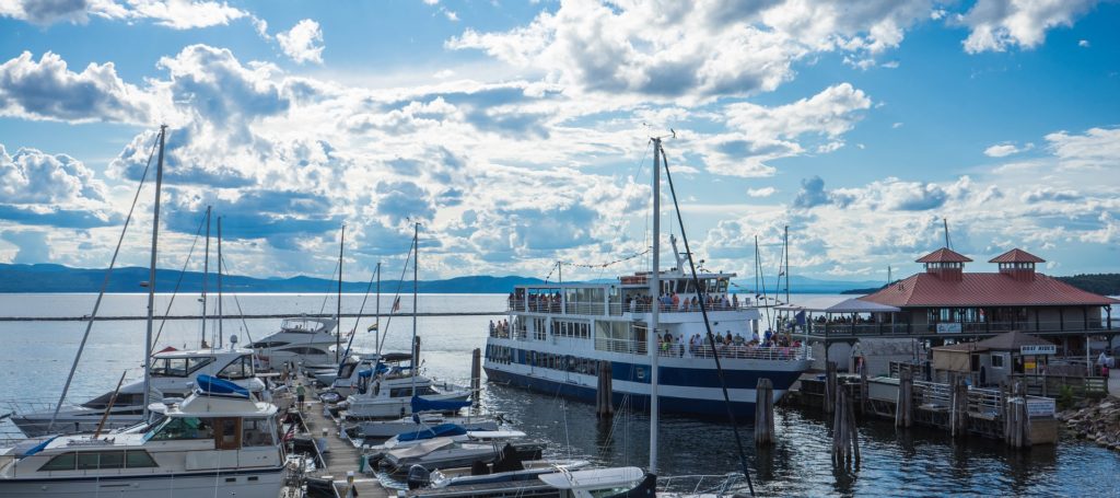 Harbor at Lake Champlain, Vermont with ferry.