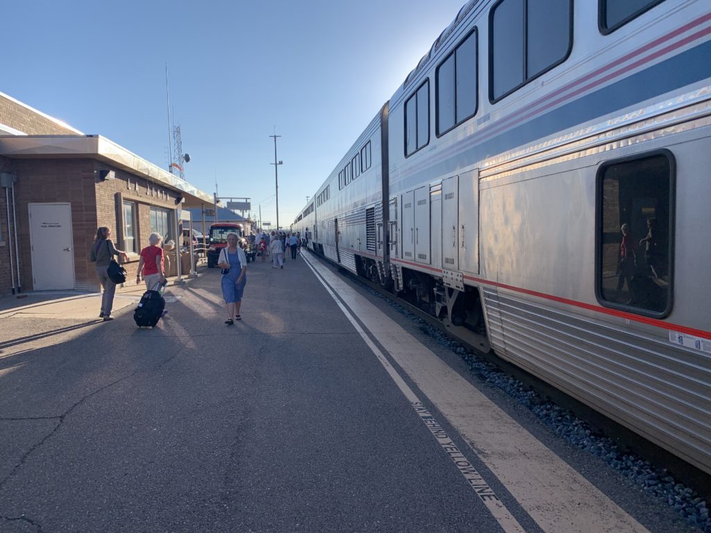 Bi-level train waits at Amtrak station in La Junta, Colorado.