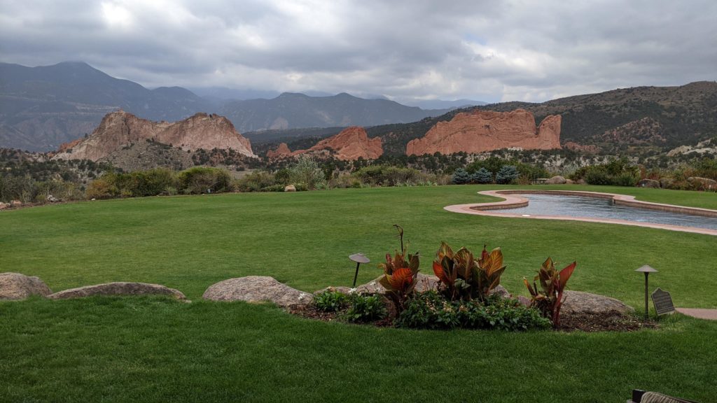 3 main peaks of Garden of the Gods National Monument: Gateway, Lyons and Kissing Camels seen from resort.