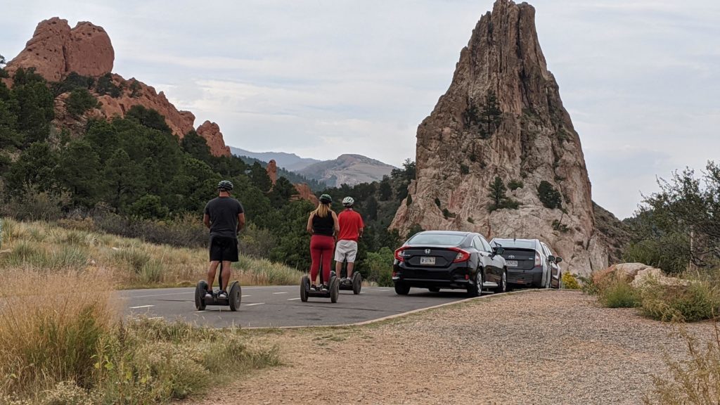 Segway tour of Garden of the Gods with Gateway Rock ahead.