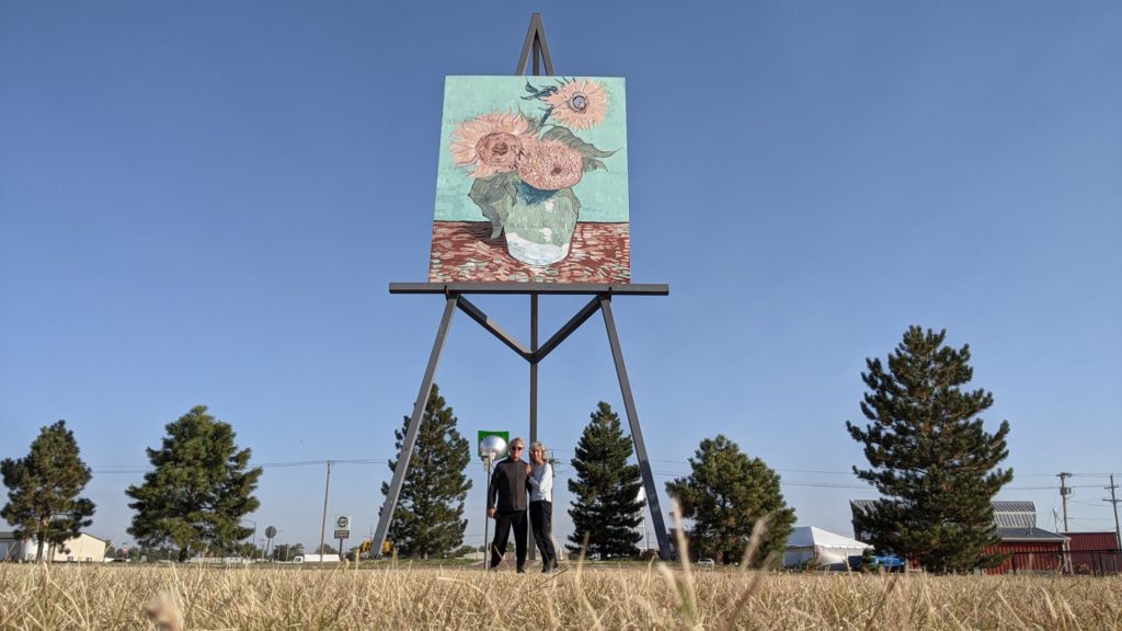Huge Van Gogh painting on easel in Goodland, Kansas.