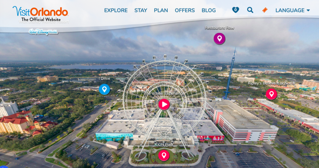 Wheel at ICON Park seen on virtual city tour of Orlando, Florida