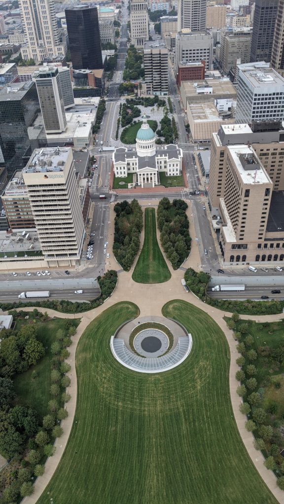 View south from Gateway Arch Observatory over St. Louis and the Capitol