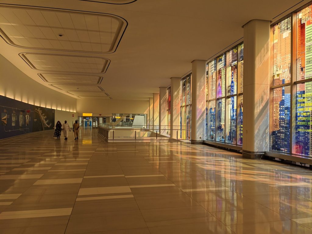 Sabine Hornig's "LaGuardia Vistas" illuminates the connecting hall from parking to Terminal B at LaGuardia.