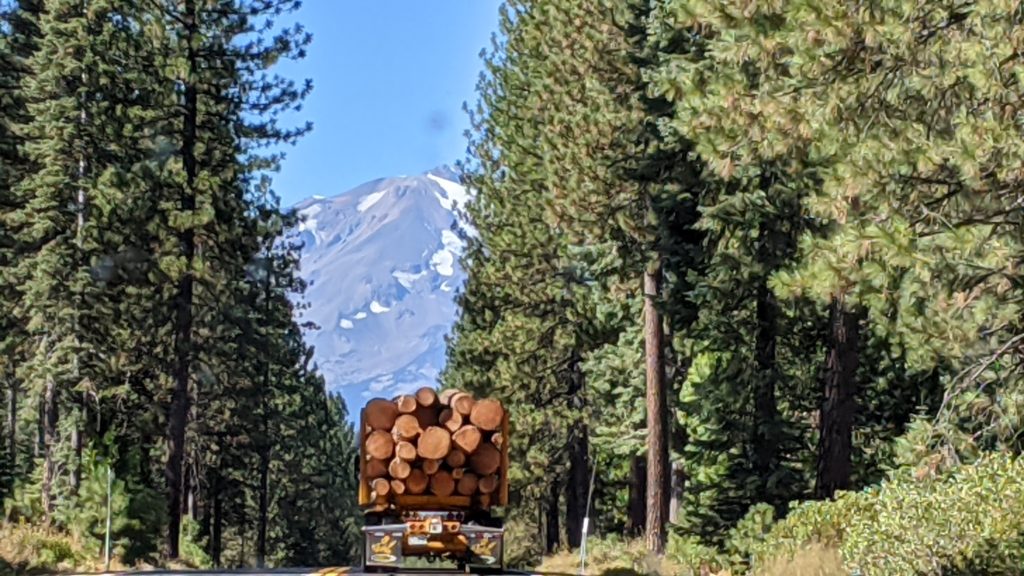 Logging truck in upstate California with Mount Shasta in the background.