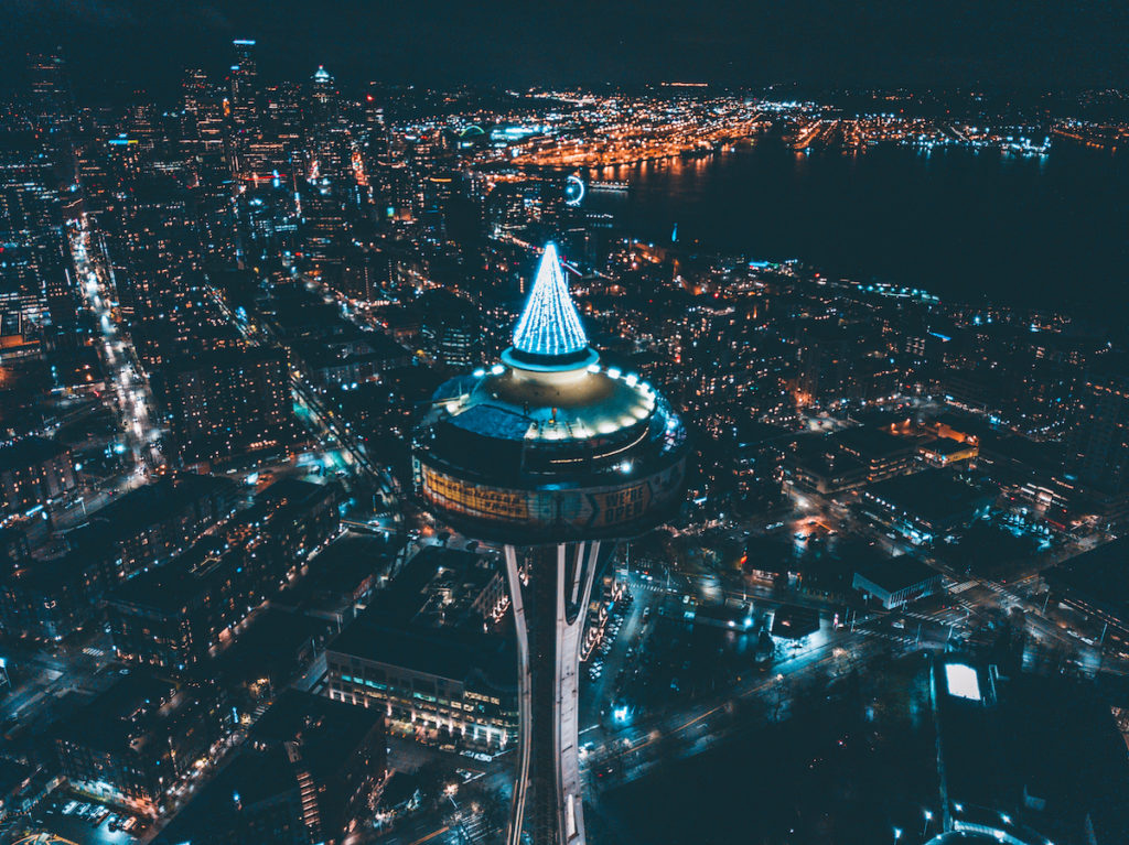 Seattle Space Needle and city illuminated for the holidays.