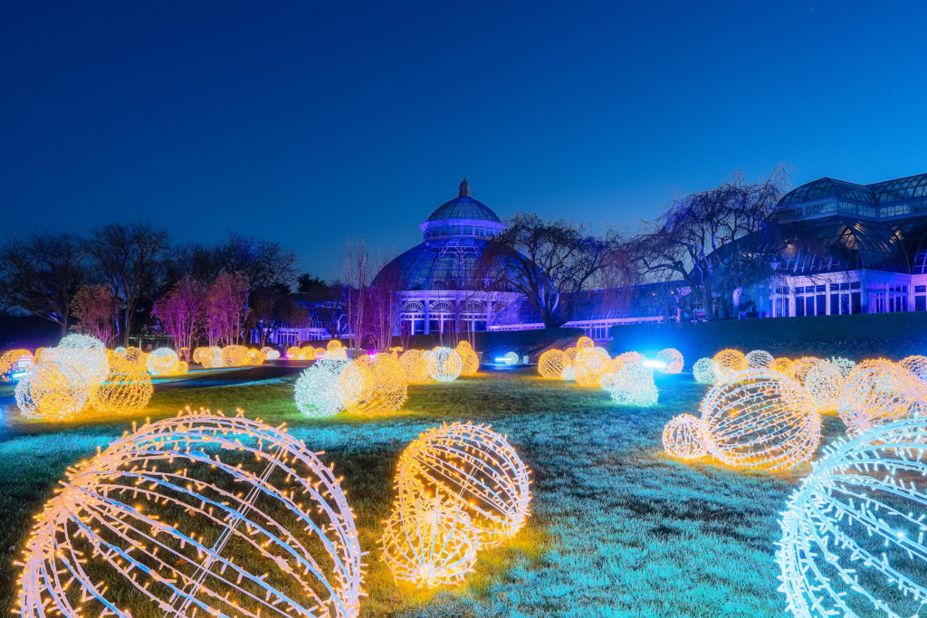 The Conservatory and NY Botanical Garden lit for NYBG GLOW, photo by Marlon for New York Botanical Garden