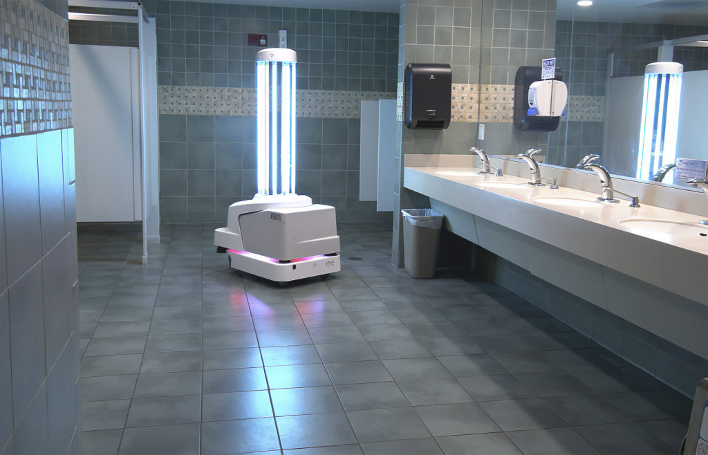 UVD Robot is disinfecting bathroom at Key West Intl Airport with UV-C wavelength light.