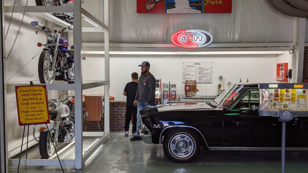 Collectibles and vintage Harley motorcycles at Sisemore RV Museum in Amarillo, Texas.