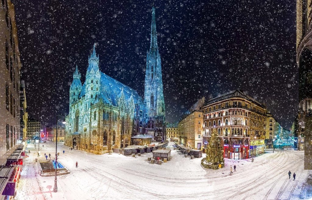 St. Stephens Square in Vienna, Austria at night, in a snowstorm.