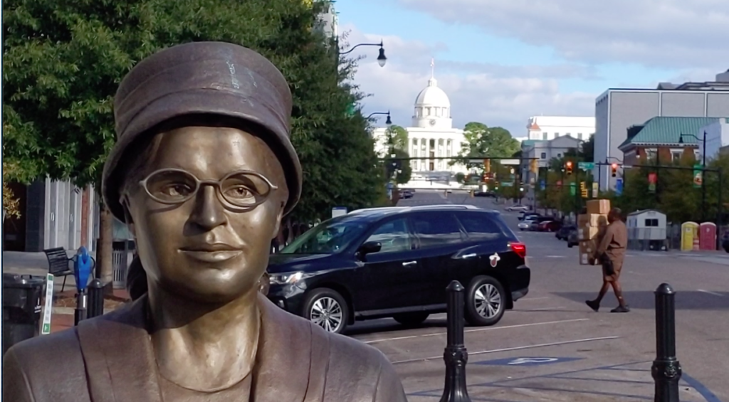 Rosa Parks statue stands waiting for the bus at Dexter Street in Montgomery, Alabama.