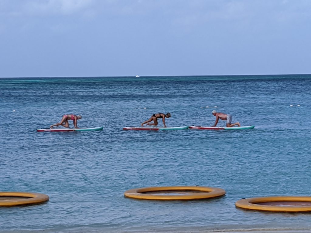 Aquarobics class on standup paddleboards off the coast of Palm Beach, Aruba.