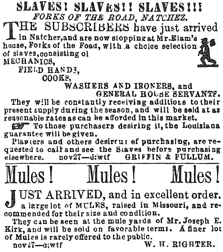 Ad for slaves being sold at the Forks in the Road Market; property of Mississippi History Now