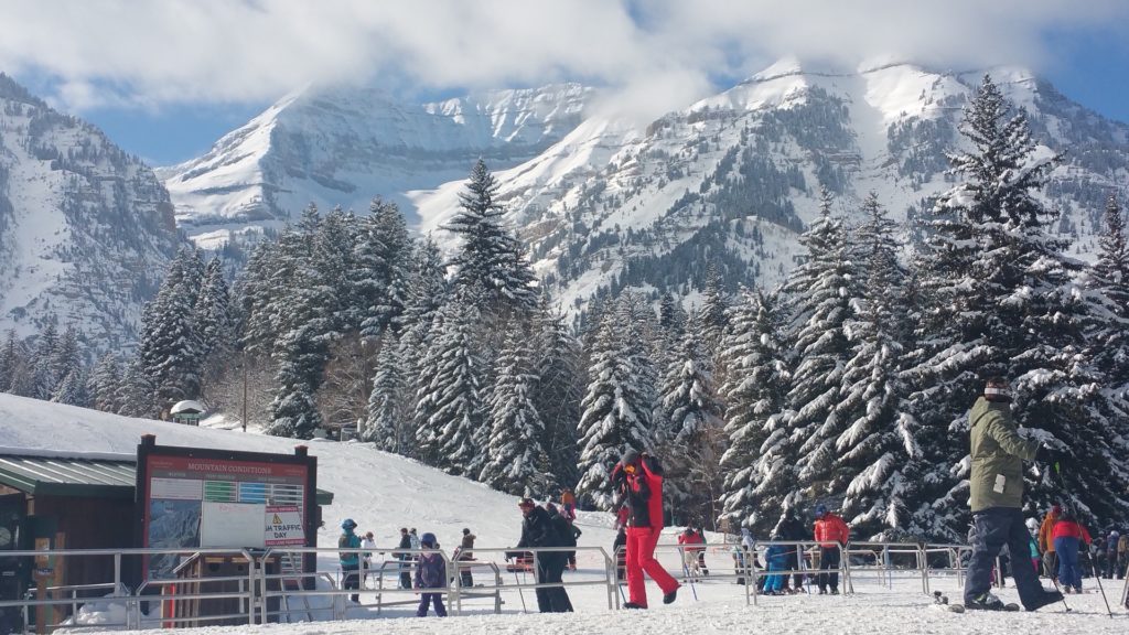 Base Lodge with skiers outside at the Sundance Mountain Resort in Utah.