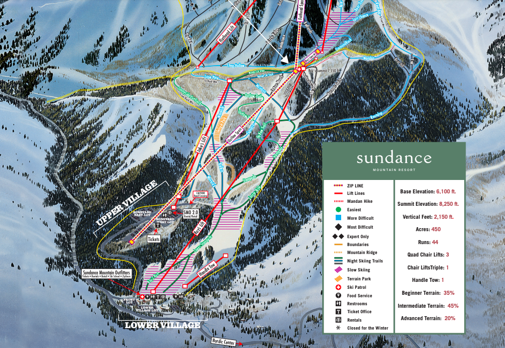 Partial ski trail map at the Sundance Mountain Resort in Utah.