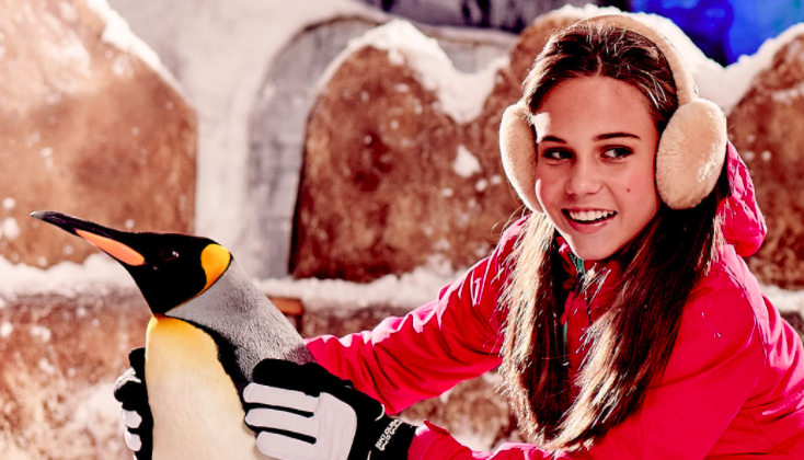 Girl inside Ski Dubai penguin habitat.