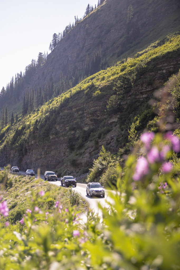 Cars snake along Going-to-the-Sun Road in Glacier National Park.