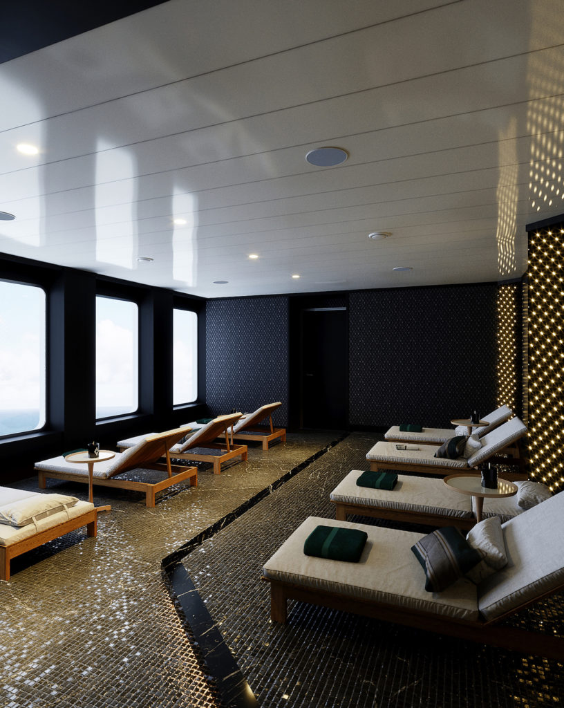 Lounge chairs in wellness spa aboard the World Navigator ship