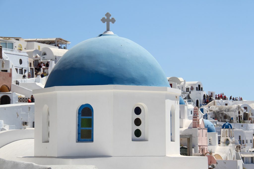 Blue dome church in Oia, Santorini, Greece.