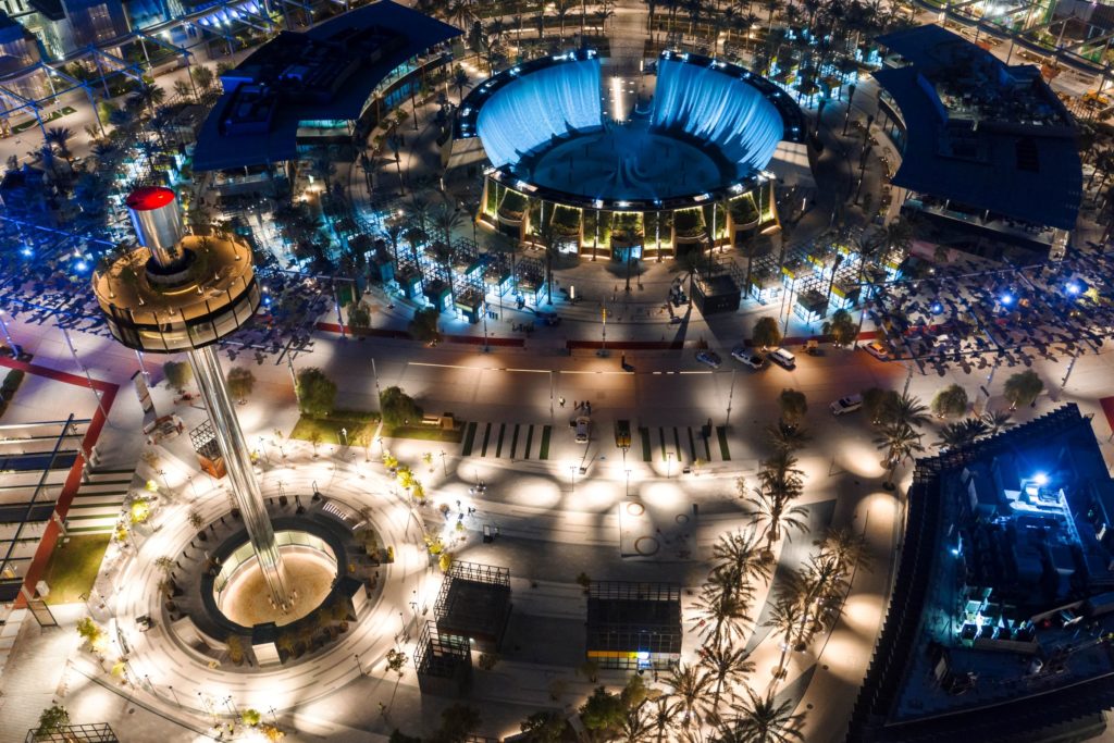 Aerial view of Garden in the Sky and water features at Dubai World Expo 2020.