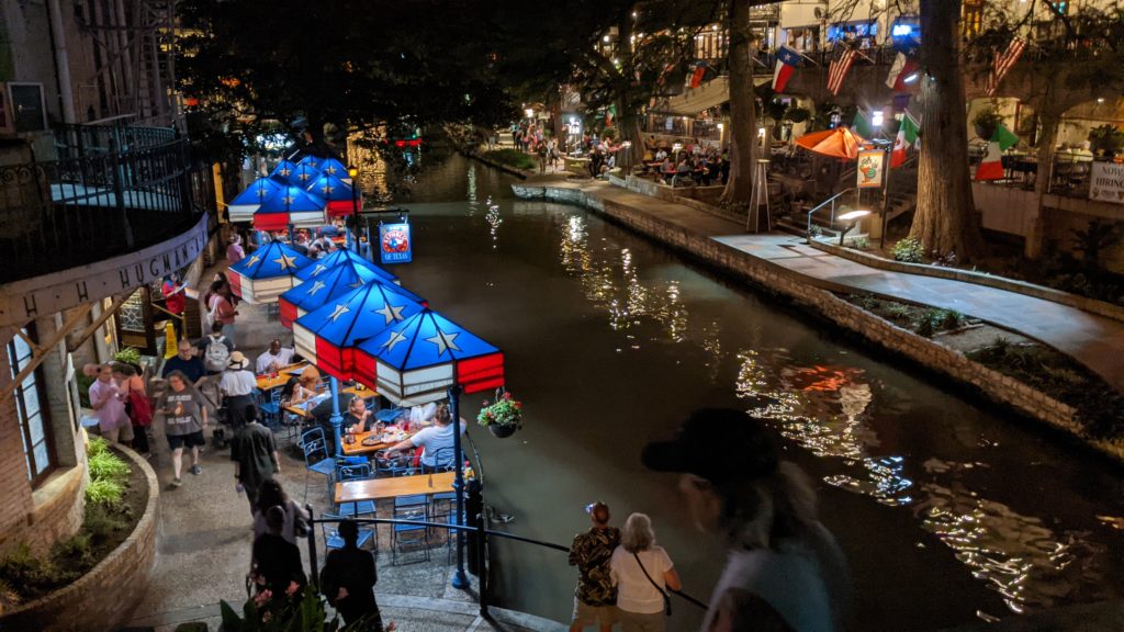 Outdoor cafes along the central part of River Walk in downtown San Antonio.