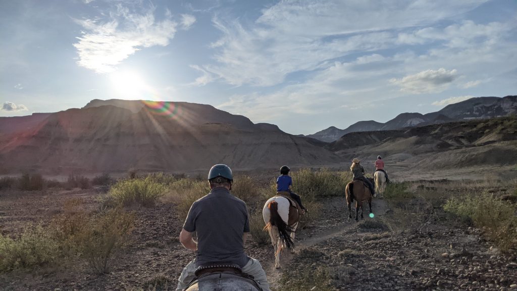 Horseback riding group leaves the Lajitas Equestrian Center for a better view of the Lajitas Mesa in Far West Texas.