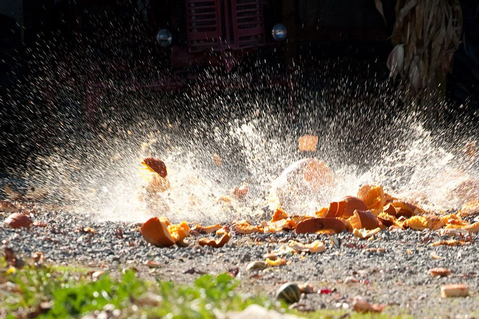 Slow motion photo of smashed pumpkins.
