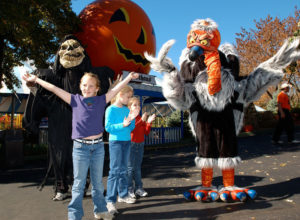 Costumed characters and kids at Worlds of Fun.