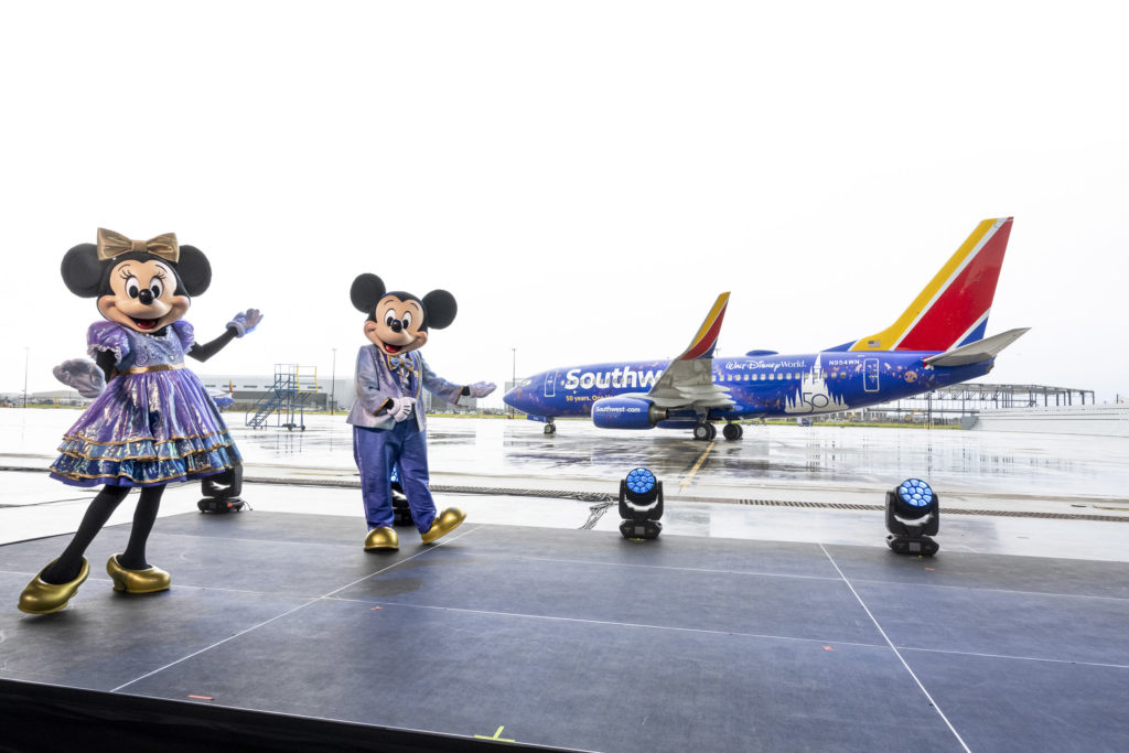 Southwest Airlines' new livery includes EARidescent Disney decorations to match the Walt Disney World Resort 50th celebration décor. (Harrison Cooney, photographer)