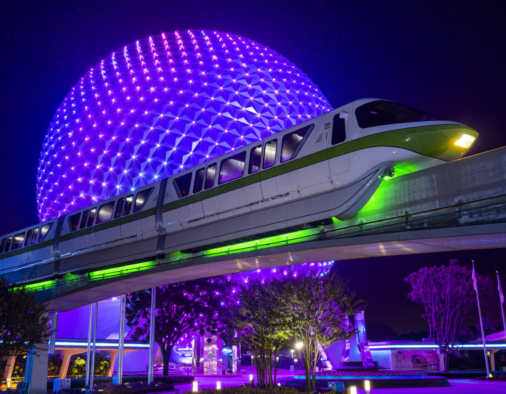 New lighting shines from a Monorail train at Walt Disney World Resort as it travels through Epcot. (David Roark, photographer)
