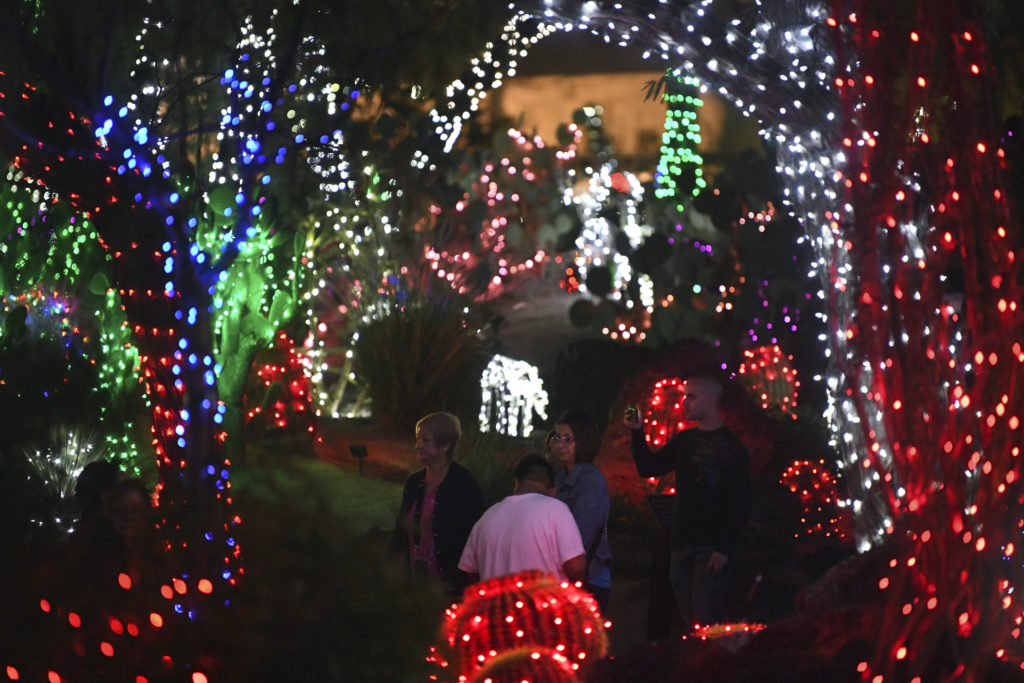 People wander through the light display during the annual Holiday Cactus Garden Lighting ceremony at Ethel M Chocolates