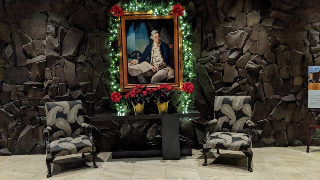 Captain James Cook portrait hangs in lobby of Hotel Captain Cook in Anchorage, Alaska.